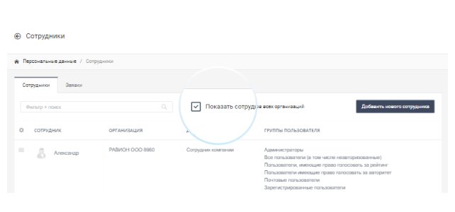 Чекбокс "Показать сотрудников всех организаций"