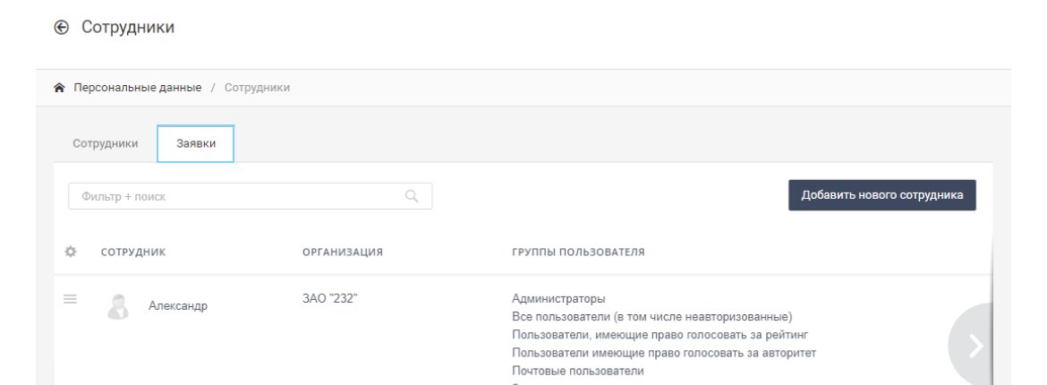 Раздел "Сотрудники"