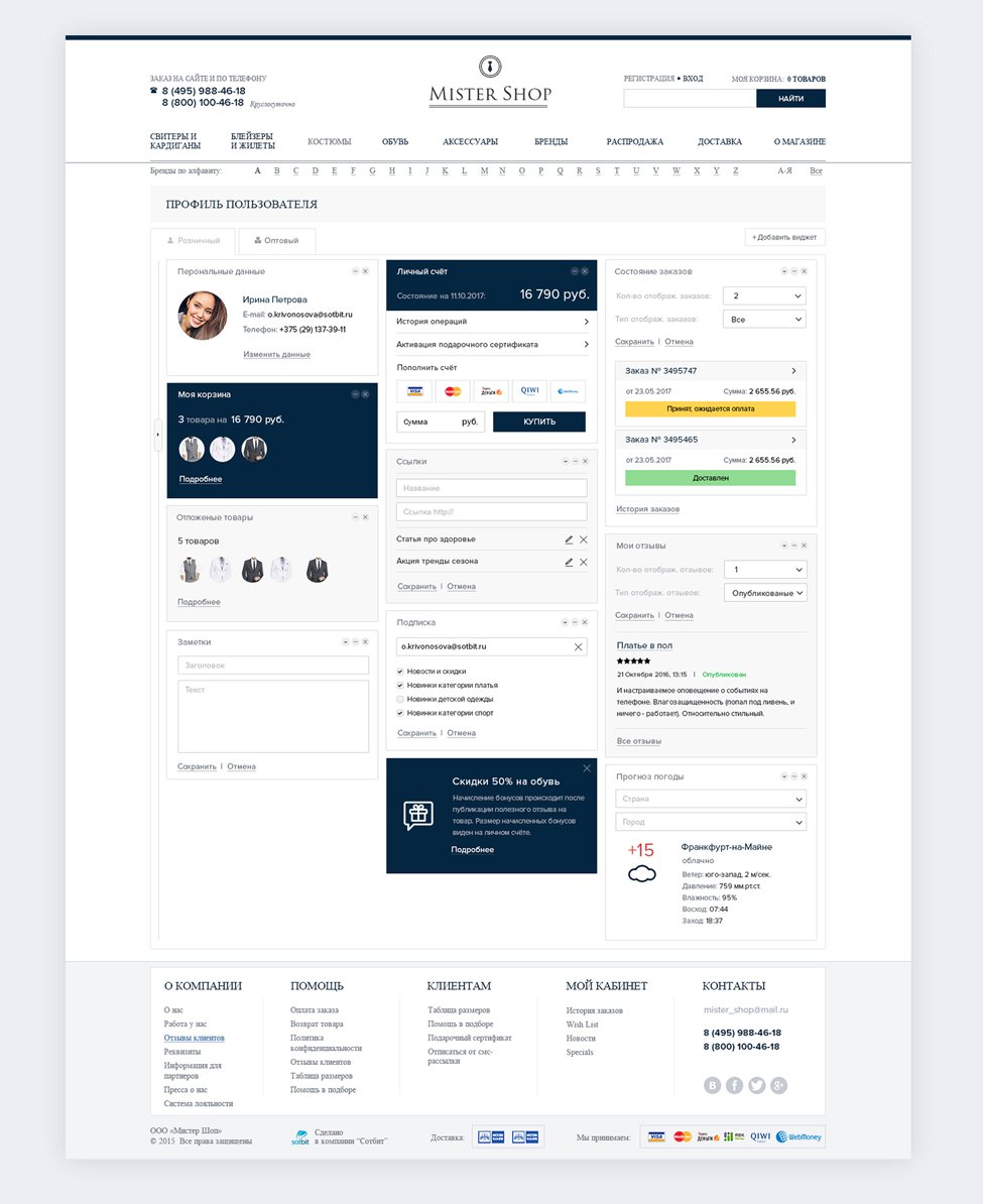 Личный кабинет MissShop/MisterShop: панель виджетов на основе сервис-дизайна.