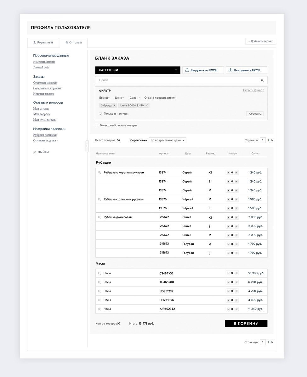 Табличный бланк заказа b2b кабинета пользователя. B2B личный кабинет на Битриксе